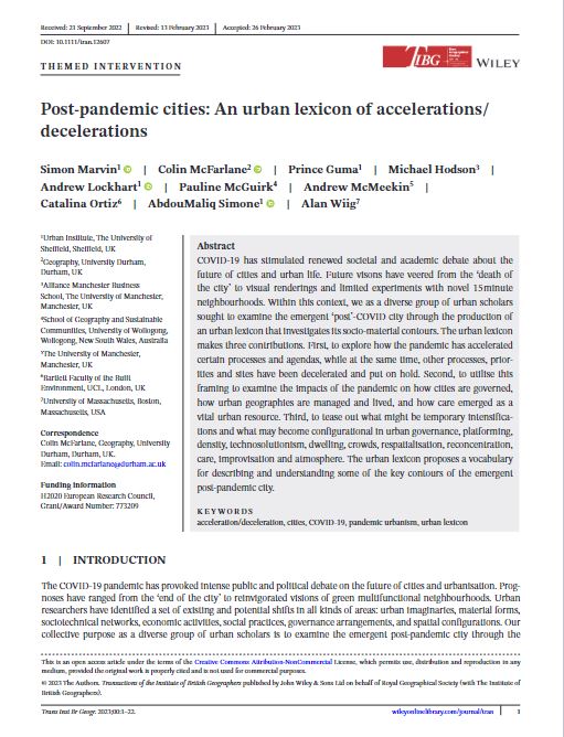 Post-pandemic cities: An urban lexicon of accelerations/decelerations