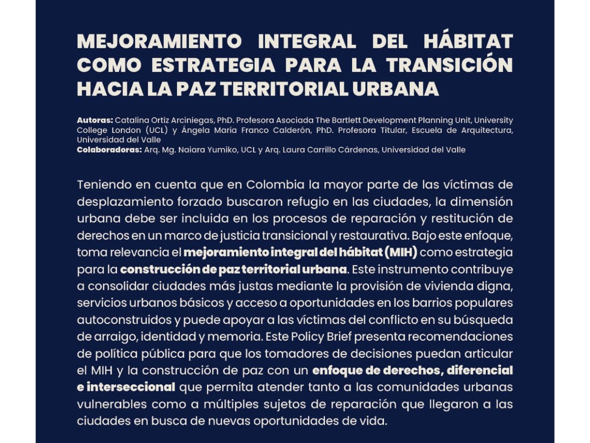Comprehensive habitat upgrading as a strategy for the transition towards urban territorial peace (Populab Policy Briefs&nbsp;1)